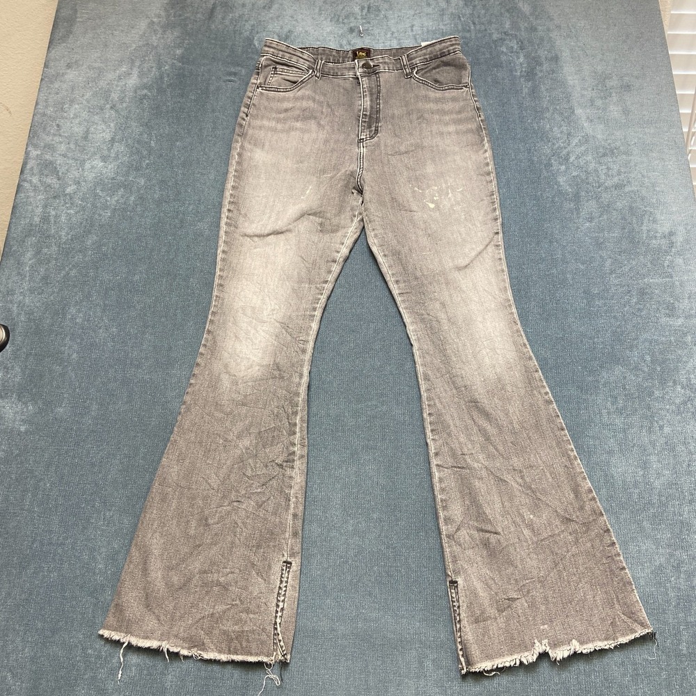 Lee Jeans Womens 14M Gray Denim Stretch Frayed Hem Heritage High Rise Flare Leg